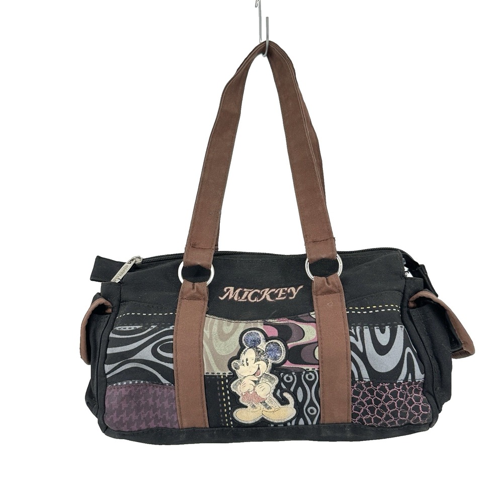 Disney Mickey Mouse Bag Purse Black Patchwork Brown Strap